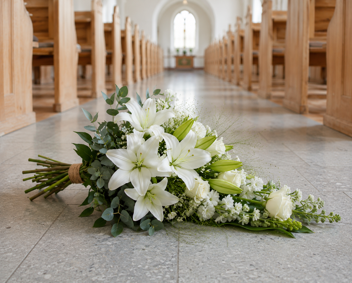 A white floral bouquet with lilies, roses, and green foliage lies on the floor of a church aisle, with wooden pews and a bright arched window in the background.