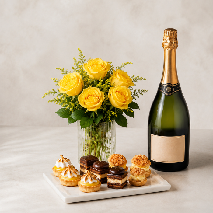 Luxury Yellow Rose Bouquet with Sparkling Gift & Pastries | Premium Celebration Delivery blomster vin og kage gave