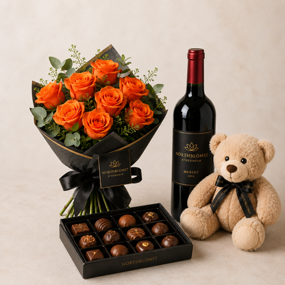 Luxury Orange Rose Bouquet with Red Wine, Chocolates & Teddy Bear | Premium Gift Delivery