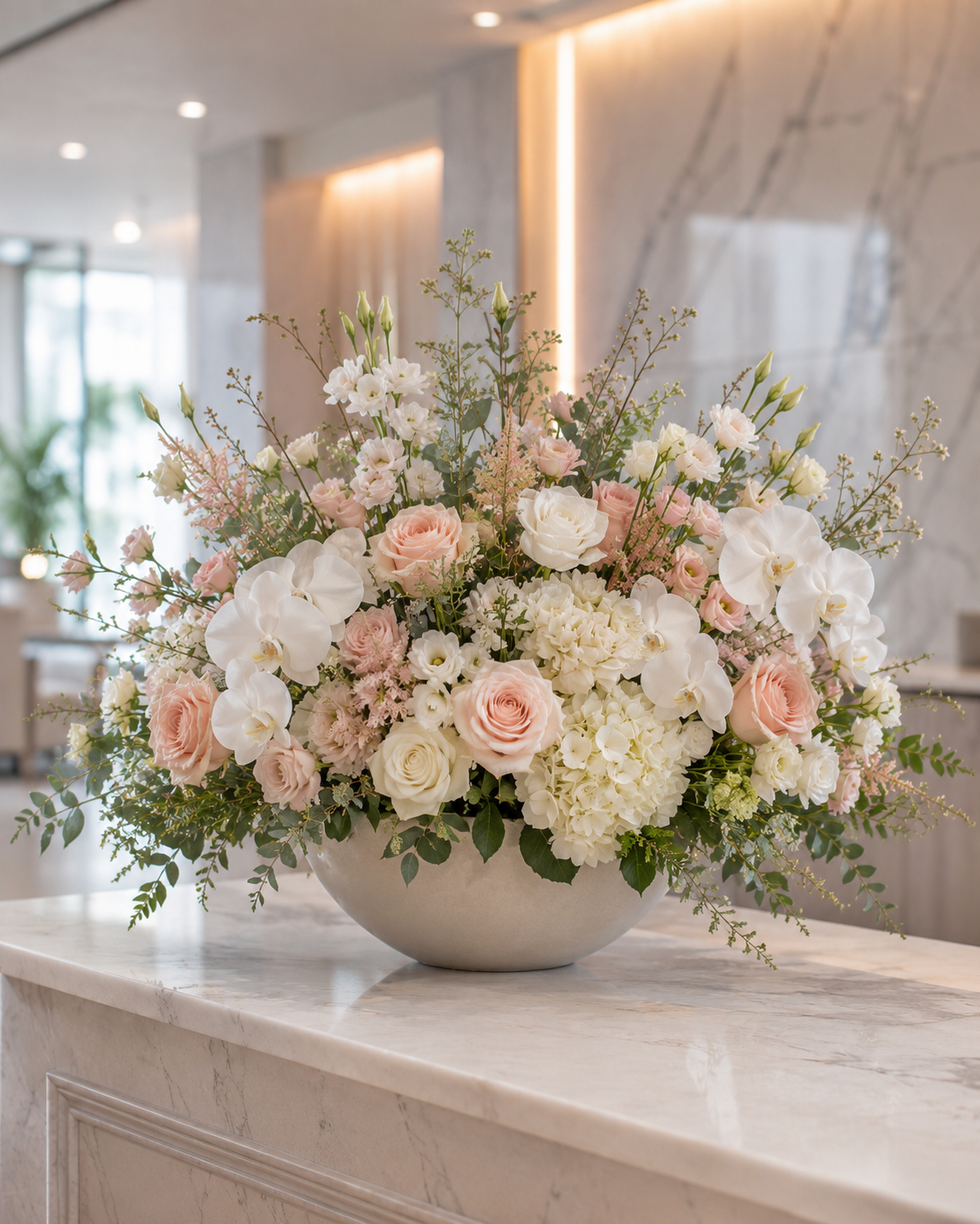 Fresh seasonal reception flower arrangement with coordinated vase for an office or professional business space in Denmark