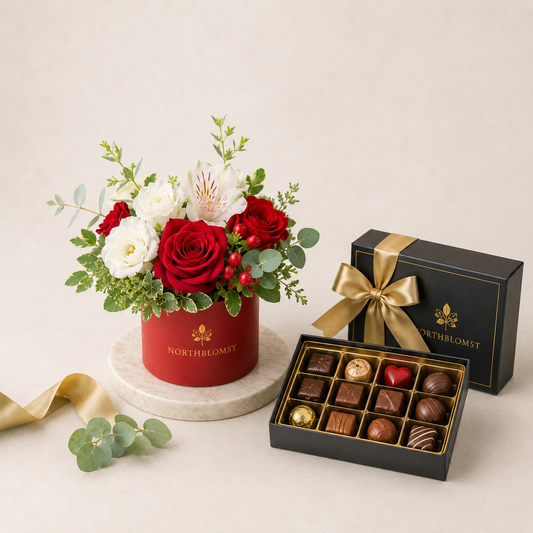 Rød & Hvid Blomsteræske med Luksuschokolade | Elegant Gavelevering