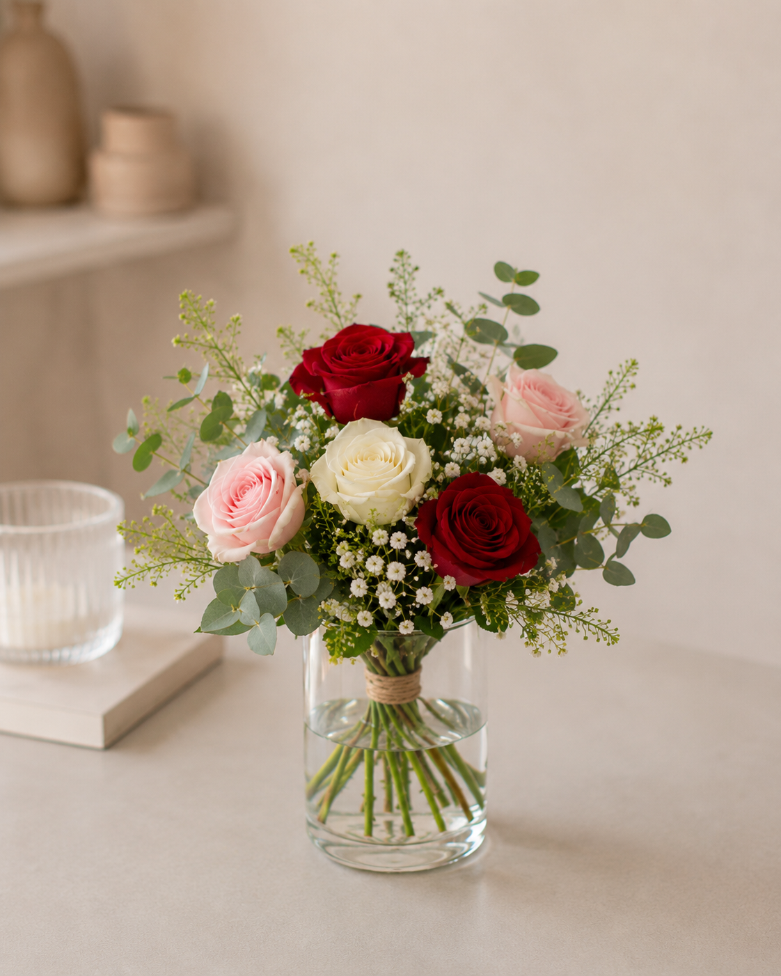 A small floral bouquet in a clear glass vase on a tabletop, featuring red and pale pink roses, a cream rose, green eucalyptus leaves, and baby's breath, with a softly blurred indoor background.