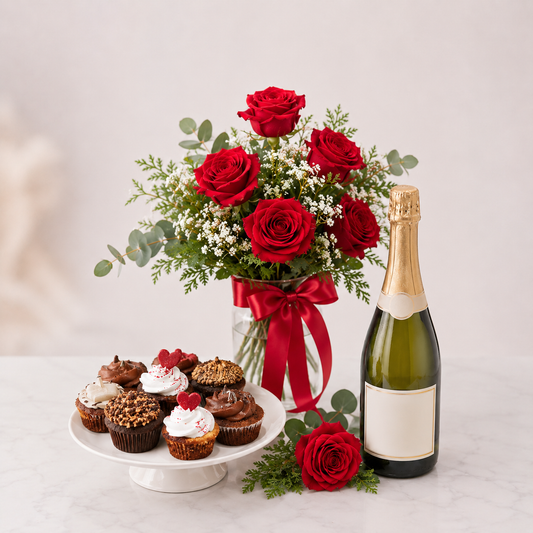 Luksuriøst arrangement med røde roser, mousserende gave og cupcakes