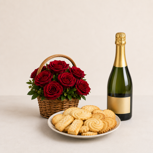 Rød Rosekurv med Mousserende Gave & Kiks | Luksus Blomsterlevering