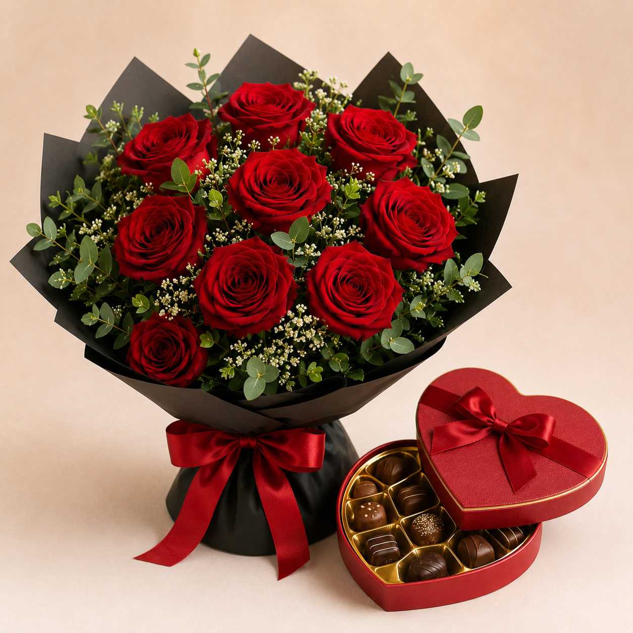 Red Rose Bouquet with Heart Chocolate Box | Romantic Flower Delivery
