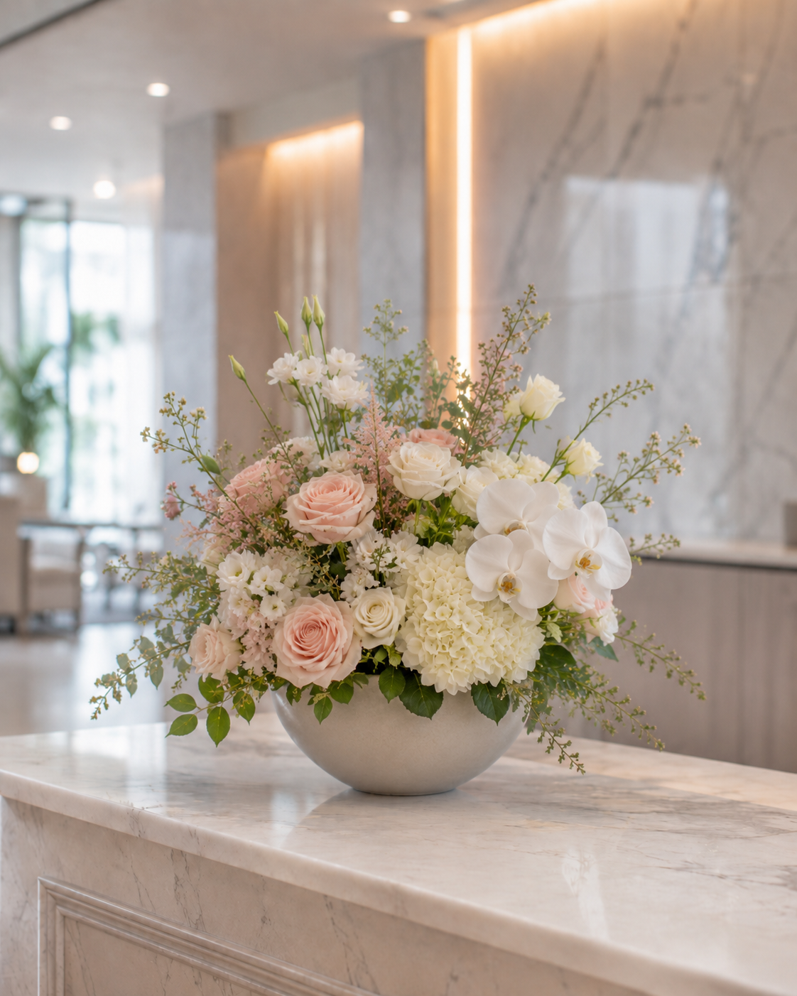 Fresh seasonal reception flower arrangement with coordinated vase for an office or professional business space in Denmark