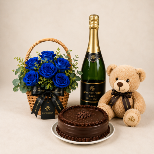 Luxury Blue Rose Basket with Sparkling Gift, Chocolate Cake & Teddy Bear | Premium Gift Delivery