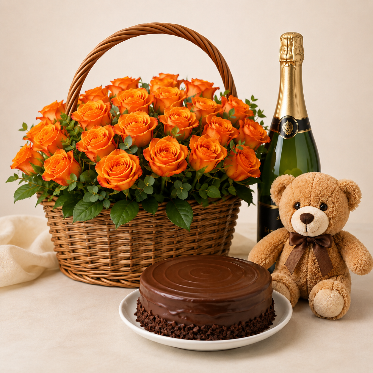 Luxury Orange Rose Basket with Sparkling Gift, Chocolate Cake & Teddy Bear | Premium Gift Delivery