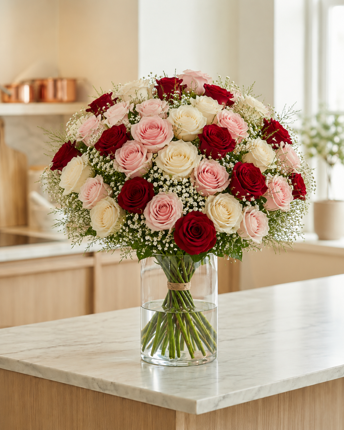 A large, round floral bouquet featuring red and blush pink roses, cream roses, and baby's breath in a clear glass cylinder vase, displayed on a light marble kitchen countertop.