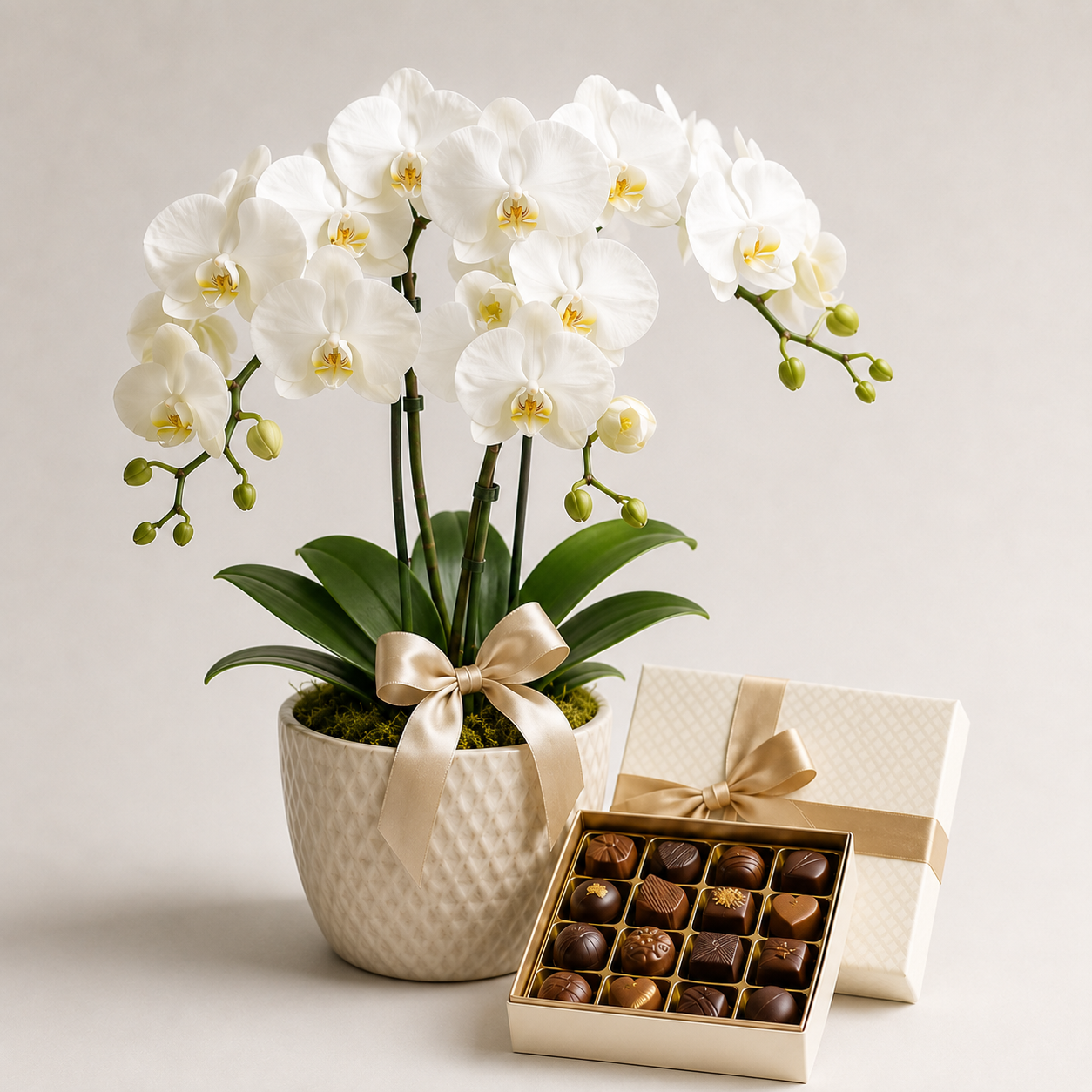 White Orchid Plant with Luxury Chocolates | Elegant Plant Gift Delivery