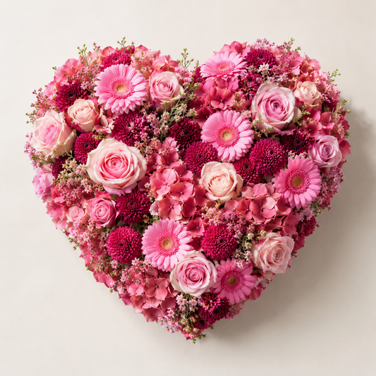 A heart-shaped floral arrangement featuring pink and red roses, pink and red gerbera daisies, and pink filler flowers, displayed against a light beige background.