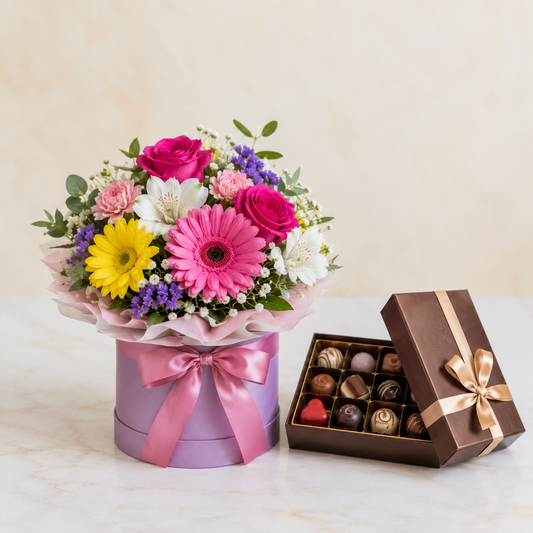 Farverig Blomsteræske med Luksuschokolade | Blomster & Chokoladelevering