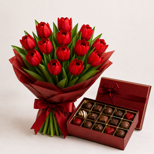 Rød Tulipanbuket med Luksuschokolade | Blomster & Chokoladelevering