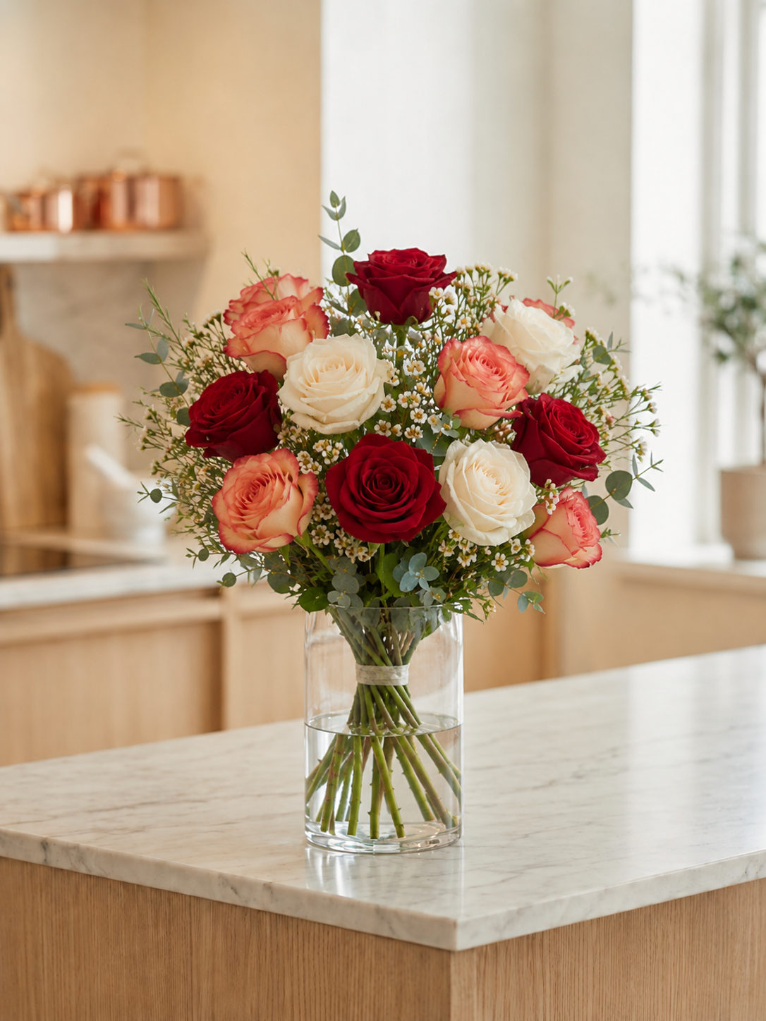 A vibrant floral bouquet of red and peach roses, cream roses, and green eucalyptus stems in a clear glass vase, displayed on a light marble kitchen island.