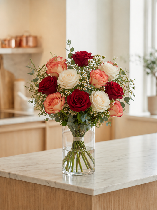 A vibrant floral bouquet of red and peach roses, cream roses, and green eucalyptus stems in a clear glass vase, displayed on a light marble kitchen island.