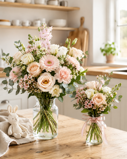 Two floral bouquets in clear glass jars on a wooden table in a bright kitchen setting. The larger bouquet has pink, cream, and peach flowers with green foliage, and the smaller one is tied with a pale pink ribbon.
