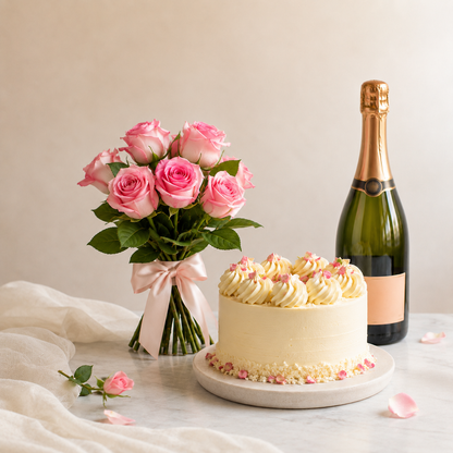 Luxury Pink Rose Bouquet with Sparkling Gift & Cream Cake | Premium Celebration Delivery
