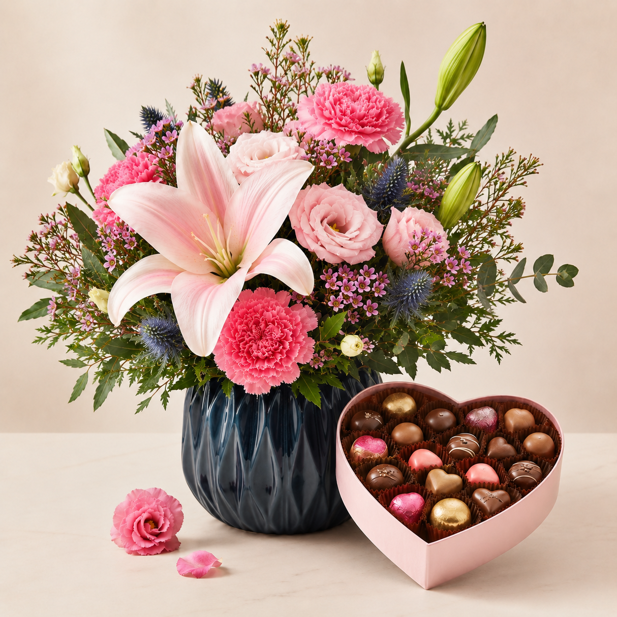 Luxury Pink Flower Vase Arrangement with Heart Chocolates | Elegant Gift Delivery