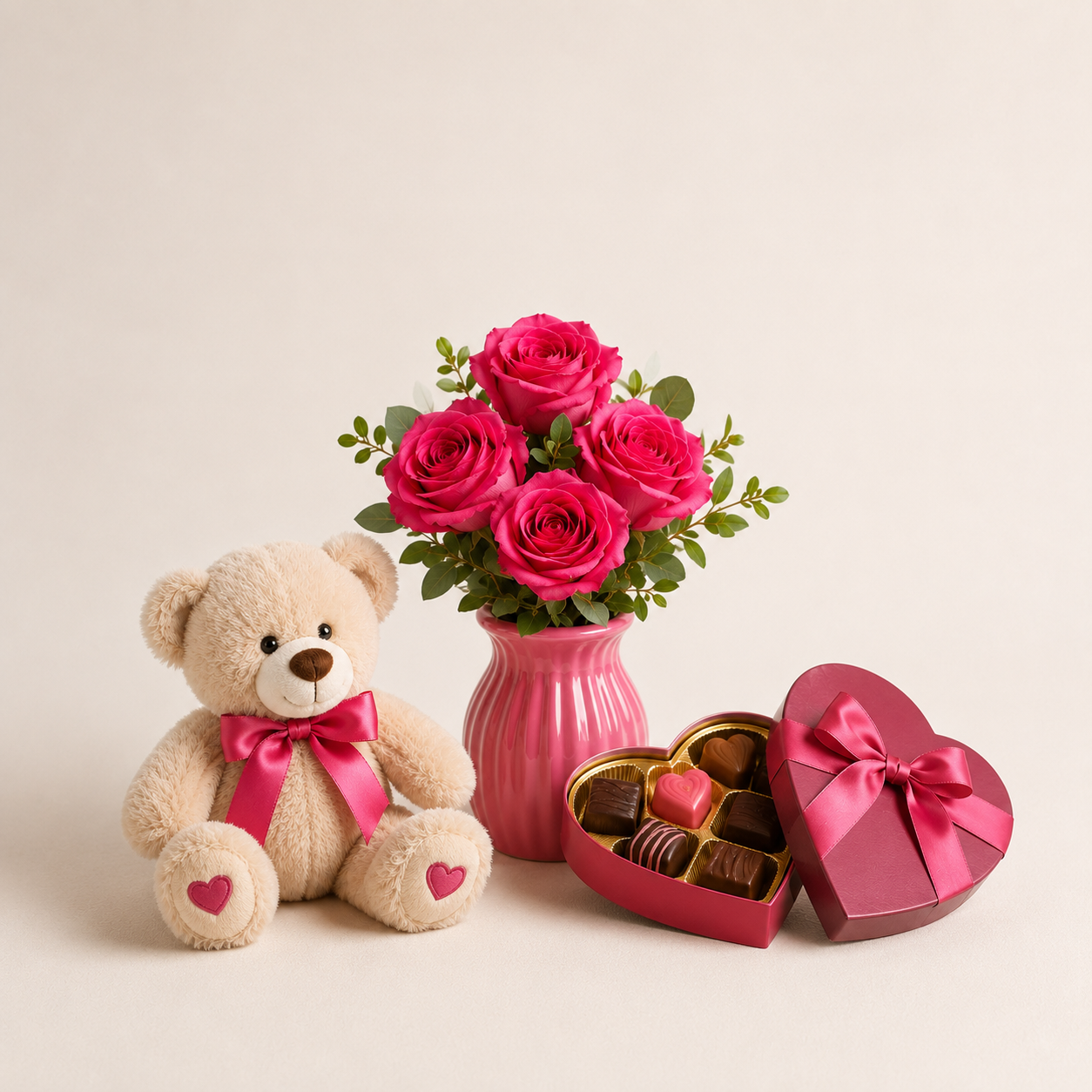 Hot Pink Rose Bouquet with Teddy & Heart Chocolates | Romantic Gift Delivery