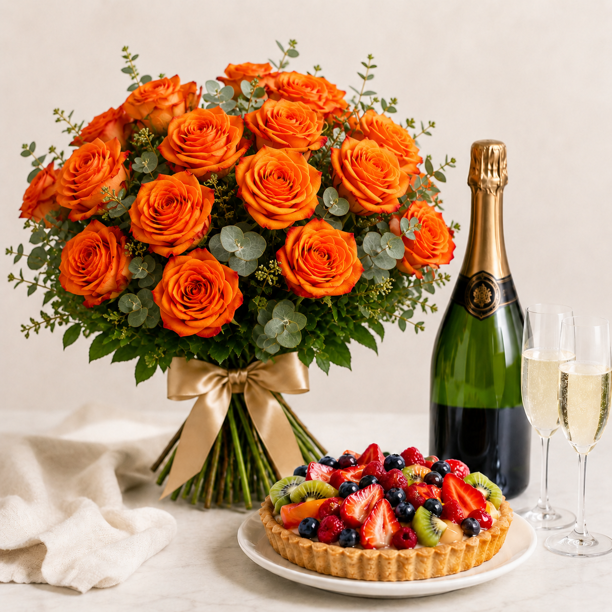 Luxury Orange Rose Bouquet with Sparkling Gift & Fruit Tart | Premium Celebration Delivery