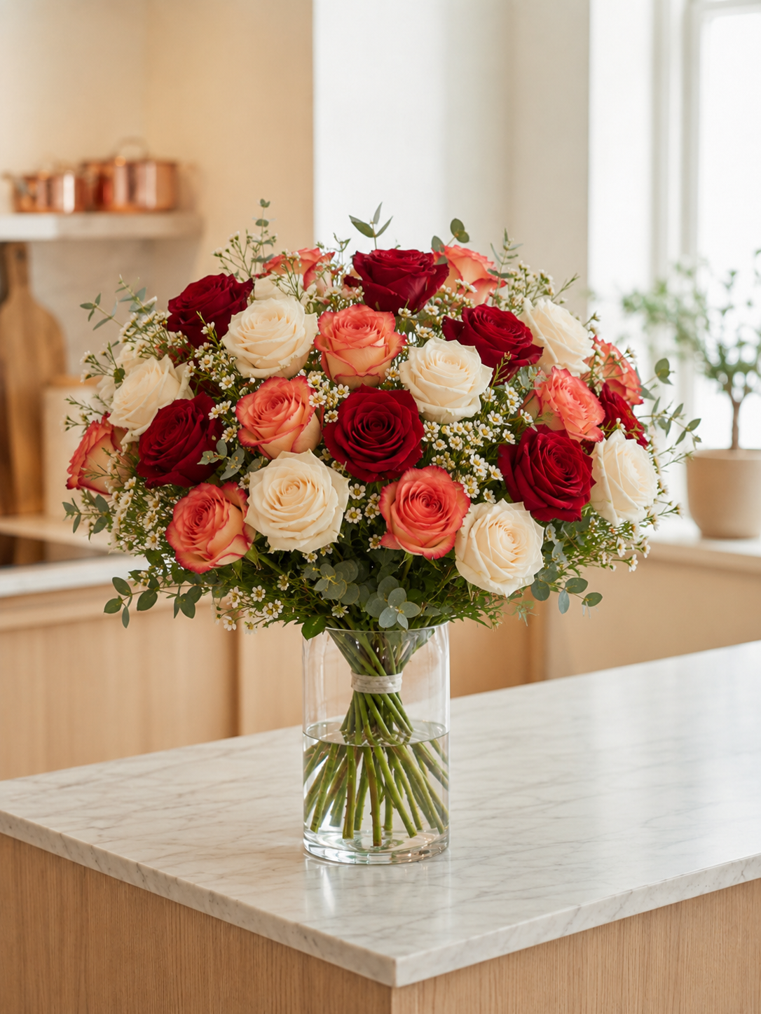 A vibrant floral bouquet of red, white, and coral-pink roses with green foliage, arranged in a clear glass vase on a light marble countertop in a warm, modern kitchen setting.