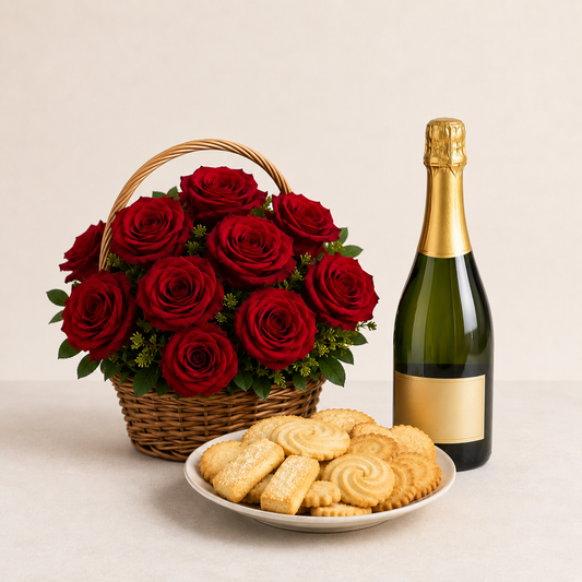 Rød Rosekurv med Mousserende Gave & Kiks | Luksus Blomsterlevering