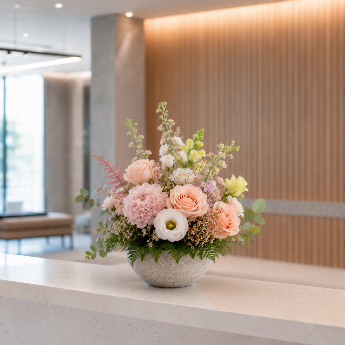 White and green office reception flower arrangement with seasonal flowers and vase for a professional business space in Denmark