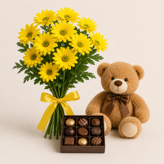Gul Daisy Buket med Bamse & Chokolade | Blomster Gavelevering