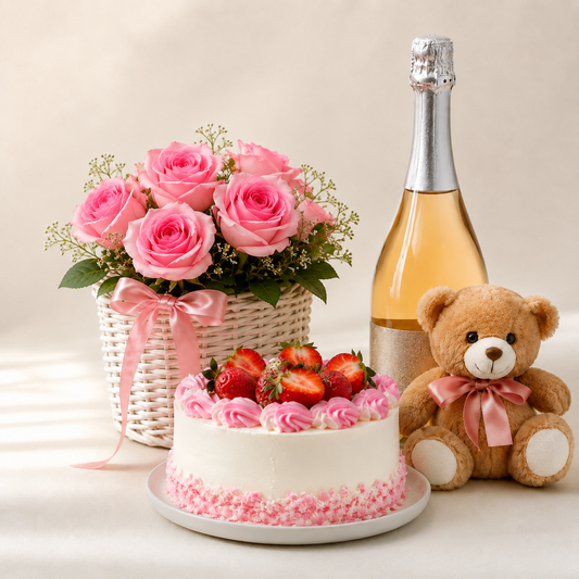 Luxury Pink Rose Basket with Sparkling Gift, Strawberry Cake & Teddy Bear | Premium Gift Delivery