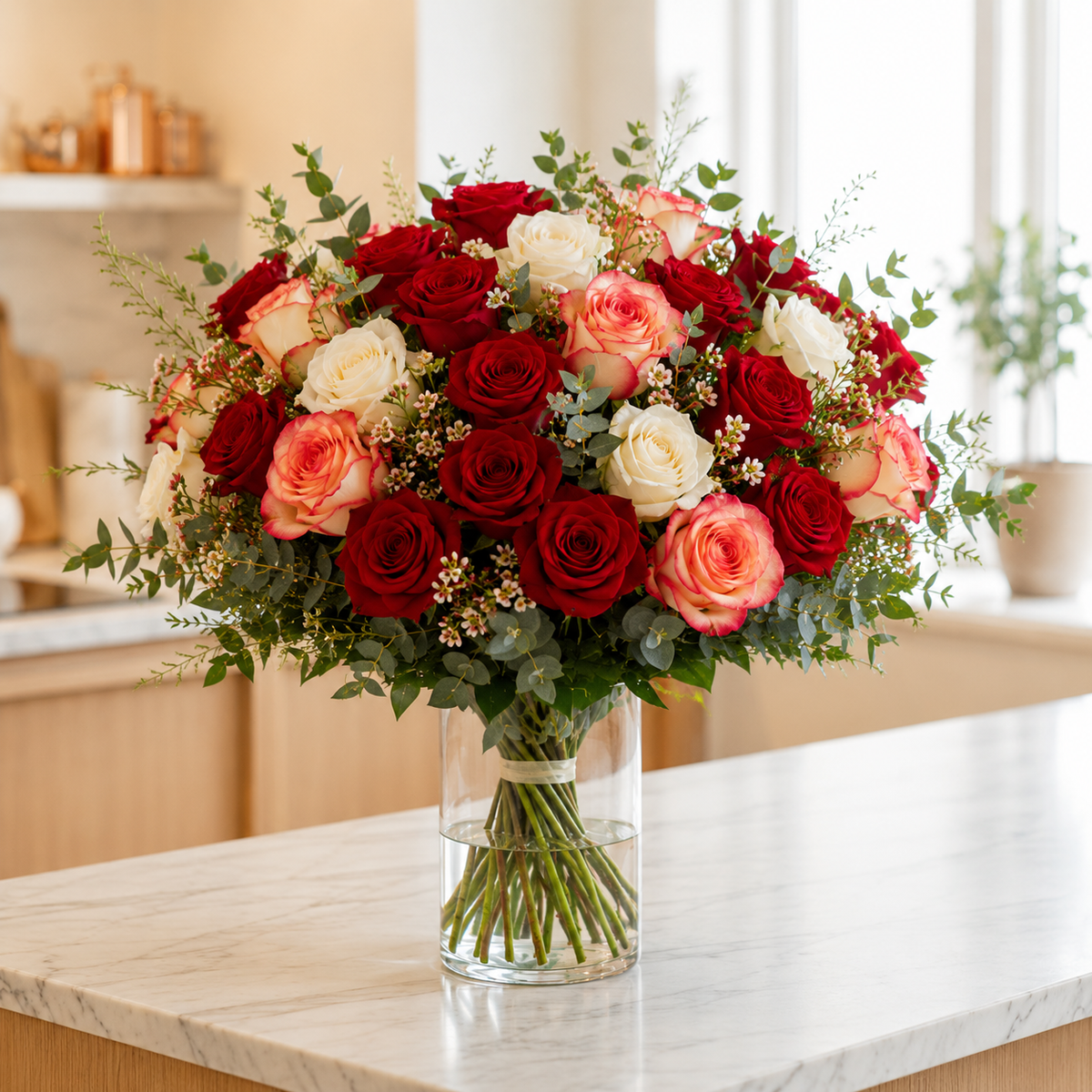 A large, vibrant flower bouquet featuring deep red and light pink roses, cream roses, and green foliage, arranged in a clear glass vase on a white marble countertop in a warm, softly lit kitchen setting.