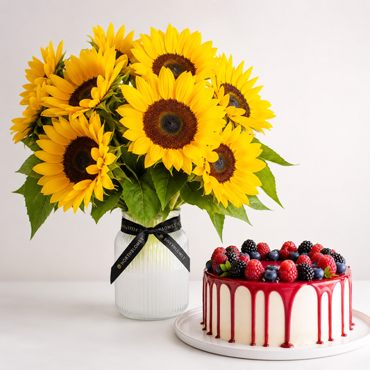 Solsikkebuket med bærkage | Blomster & kage levering