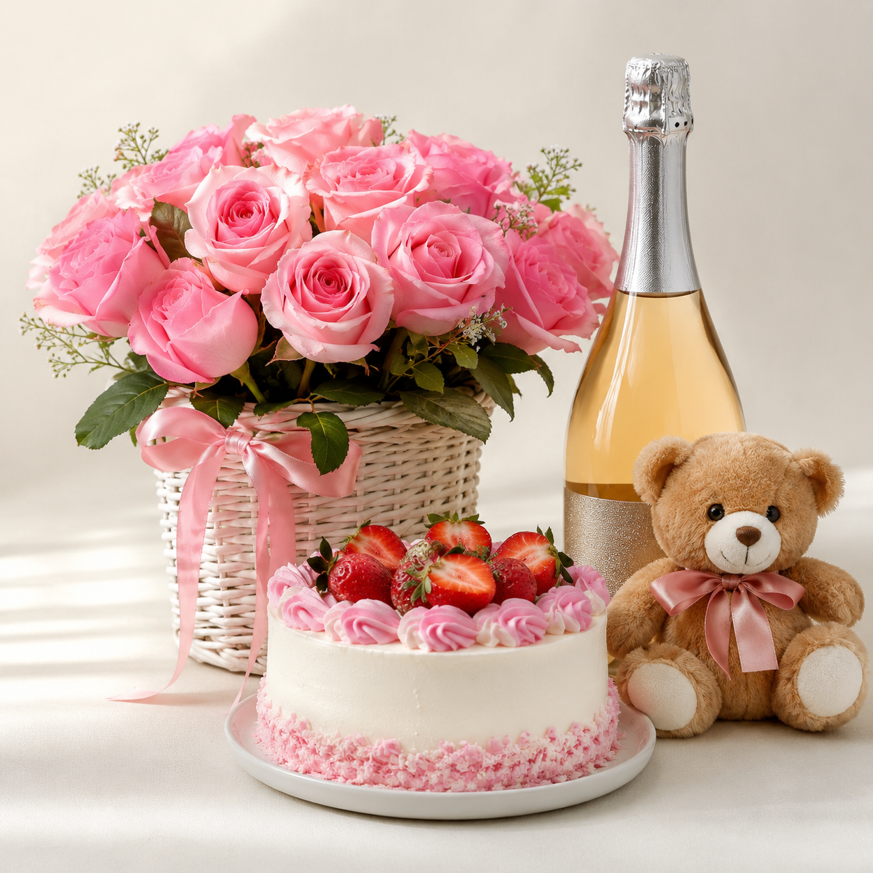Luxury Pink Rose Basket with Sparkling Gift, Strawberry Cake & Teddy Bear | Premium Gift Delivery