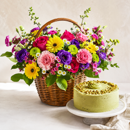 Farverig blomsterkurv med pistaciekage | Blomster & kage levering