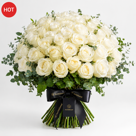 100 Hvide Roser Luksusbuket | Premium Roselevering