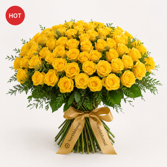 100 Gule Roser Luksusbuket | Premium Roselevering