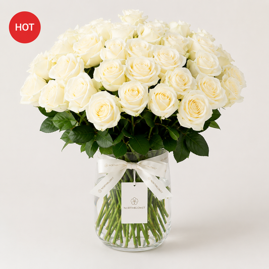 50 Hvide Roser Luksusbuket | Premium Roselevering