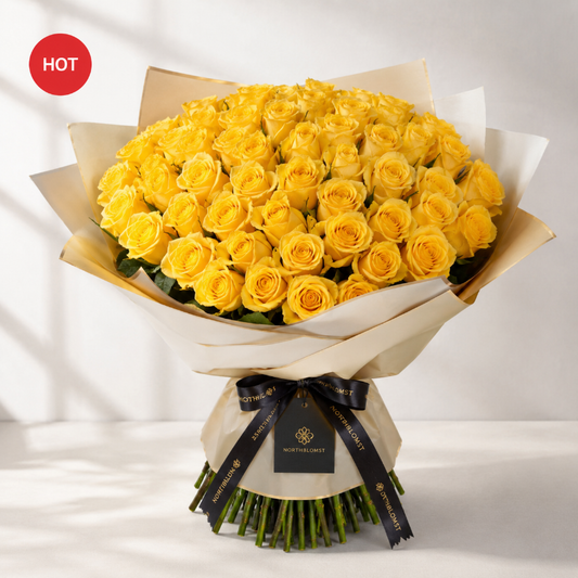 50 Gule Roser Luksusbuket | Premium Roselevering