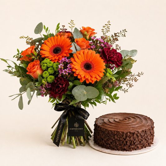 Orange gerberabuket med chokoladekage | Blomster & kage levering
