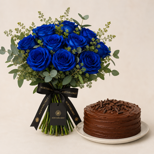 Blå rosenbuket med chokoladekage | Blomster & kage levering