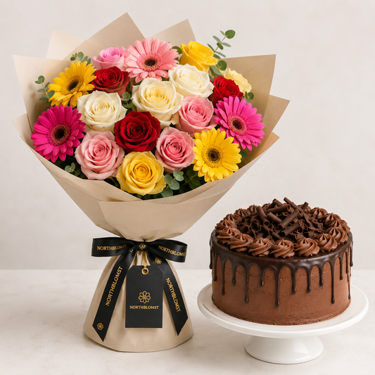 Blandet rose- og gerberabuket med chokoladeflødekage | Blomster & kage levering