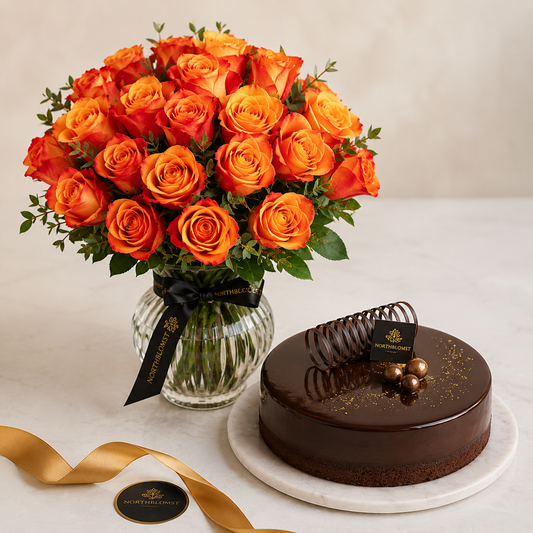 Orange rosenbuket med chokoladekage | Blomster & kage levering