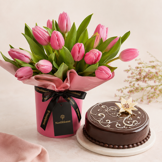 Lyserød tulipanbuket med chokoladekage | Blomster & kage levering