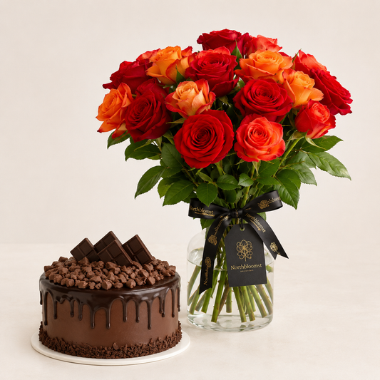 Rød og orange rosenbuket med chokoladekage | Blomster & kage levering