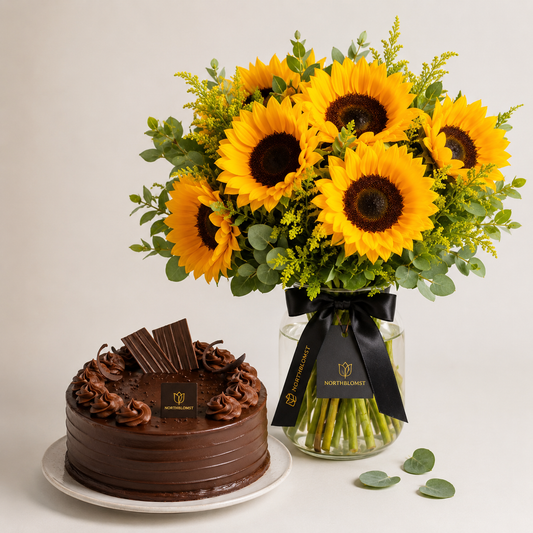 Solsikkebuket med chokoladekage | Blomster & kage levering