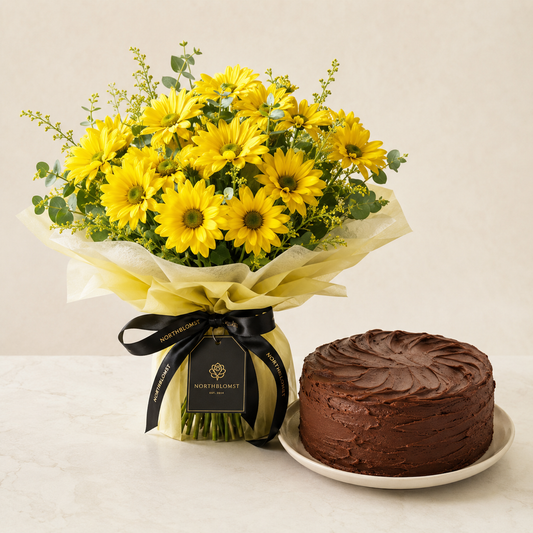 Gul margueritbuket med chokoladekage | Blomster & kage levering