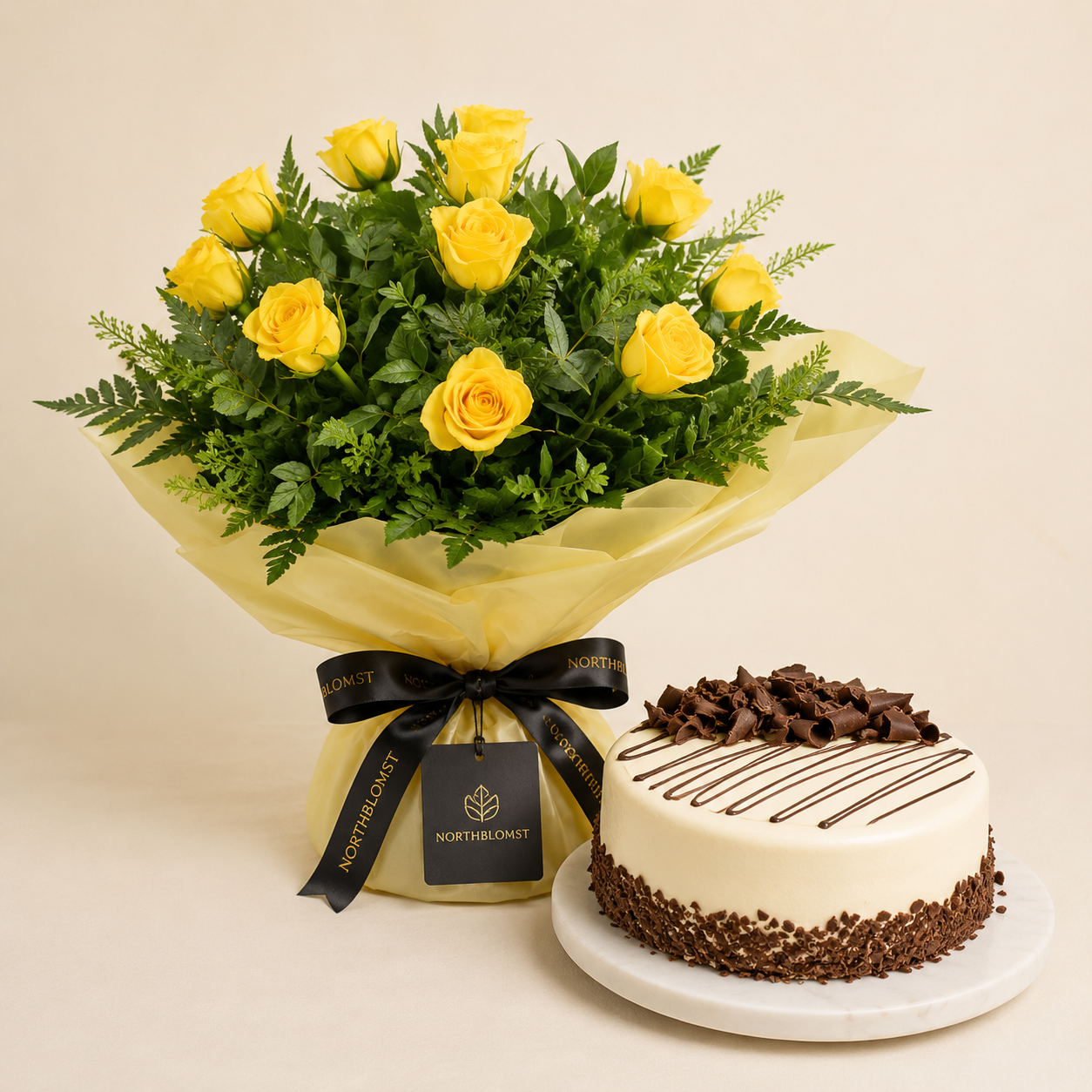 Yellow Rose Bouquet with Cream Chocolate Cake | Flowers & Cake Delivery