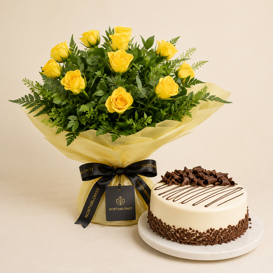 Gul rosenbuket med chokoladeflødekage | Blomster & kage levering