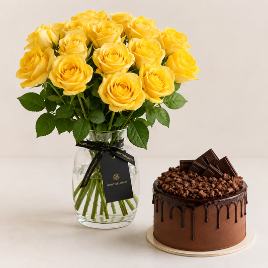 Gul rosenbuket med chokoladekage | Blomster & kage levering