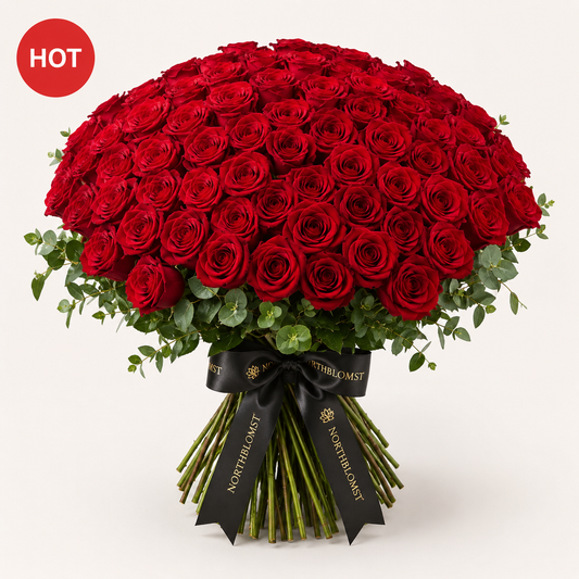 100 Røde Roser Luksusbuket | Premium Roselevering