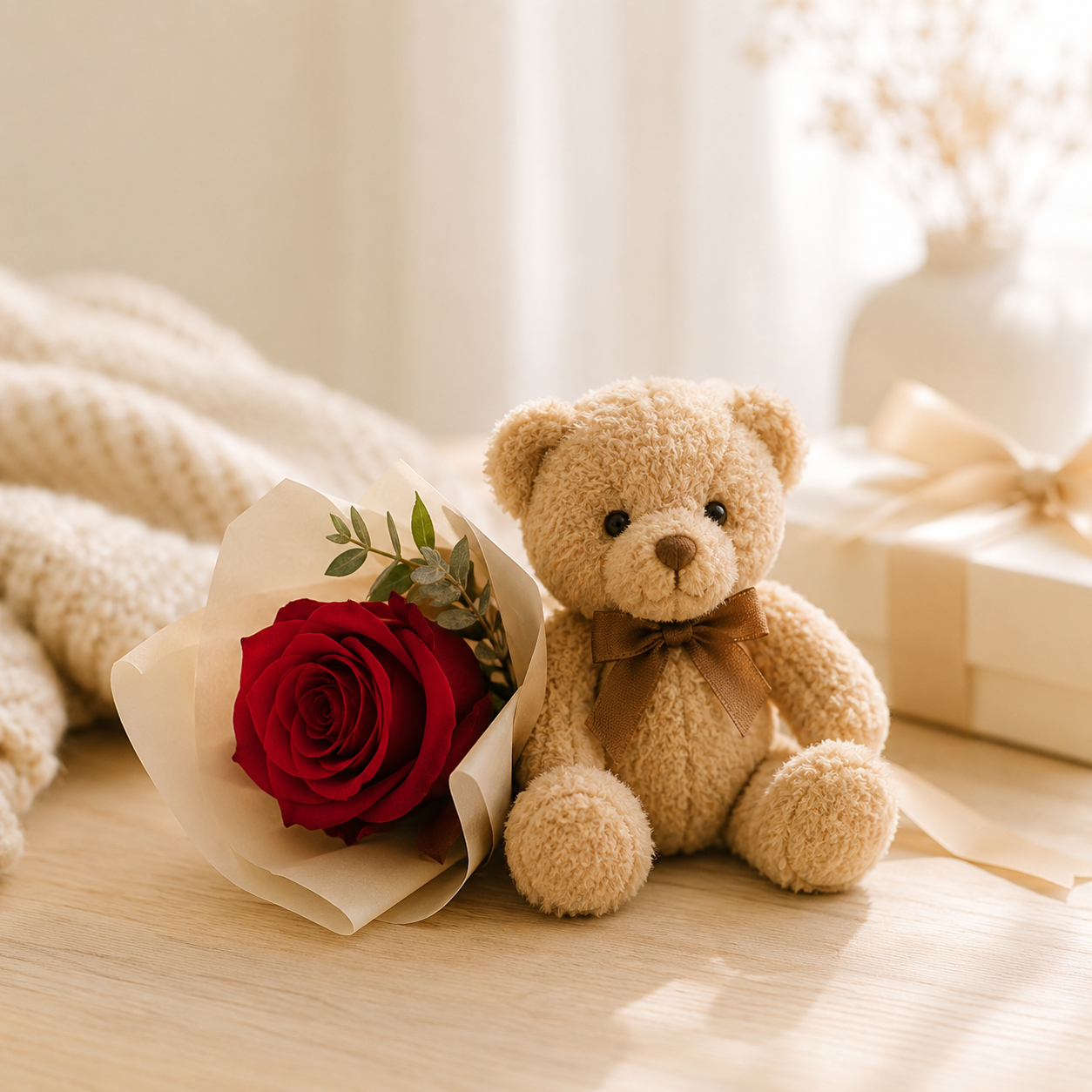 En Rose & Bamse Gave | Sød Blomstergave Leveret i Danmark